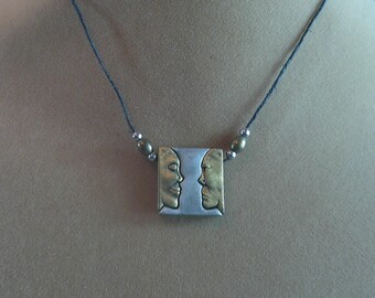 Vintage JJ Jonette Two Faces Optical Illusion Necklace Mixed Metal 80s 90s