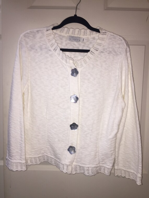 WILLOW White Cardigan Sweater W/ Mother of Pearl Flower Buttons