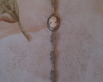 Victorian Ornate Sterling Silver & Real Cameo Bracelet