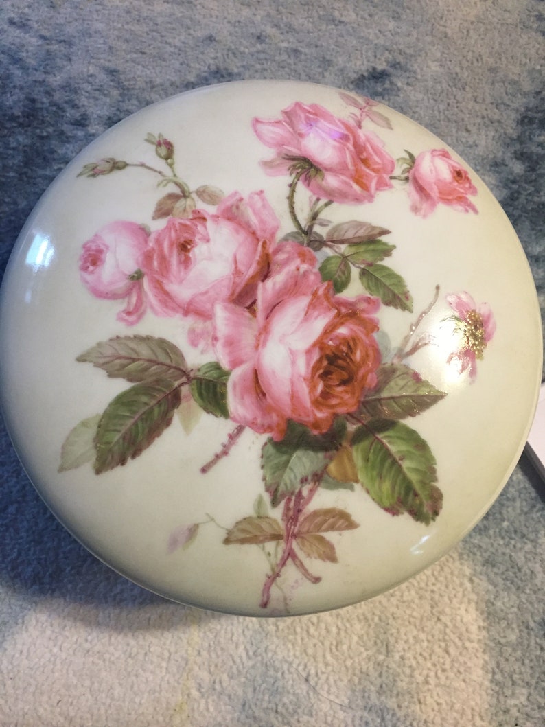 Large Circa 1892-1917 TV Tressemanes & Volt Porcelain Powder Vanity Jar HP Roses image 1
