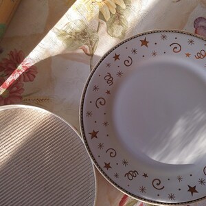 May include: White ceramic plate with a gold rim and festive star and swirl design. A second, light-colored, ridged plate is also visible. The items are on a floral patterned surface, with a box in the background.