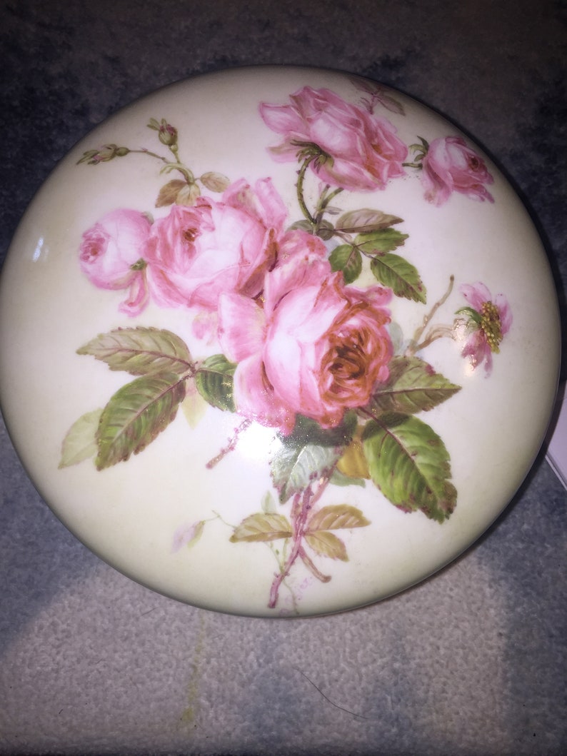 Large Circa 1892-1917 TV Tressemanes & Volt Porcelain Powder Vanity Jar HP Roses image 2