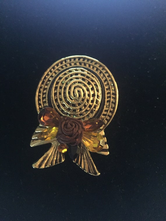 Vintage Sun Hat Brooch W/brown Rhinestones - Gold Tone - Etsy display picture 1
