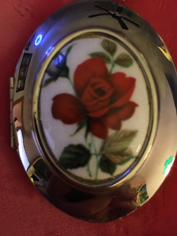 Genuine Cloisonné Silver Locket Pendant with Red Rose Gem