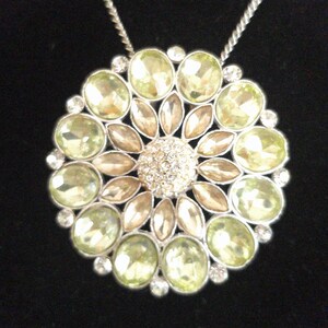 Vintage Green & Clear Rhinestone Brooch Pendant – Rhodium Setting