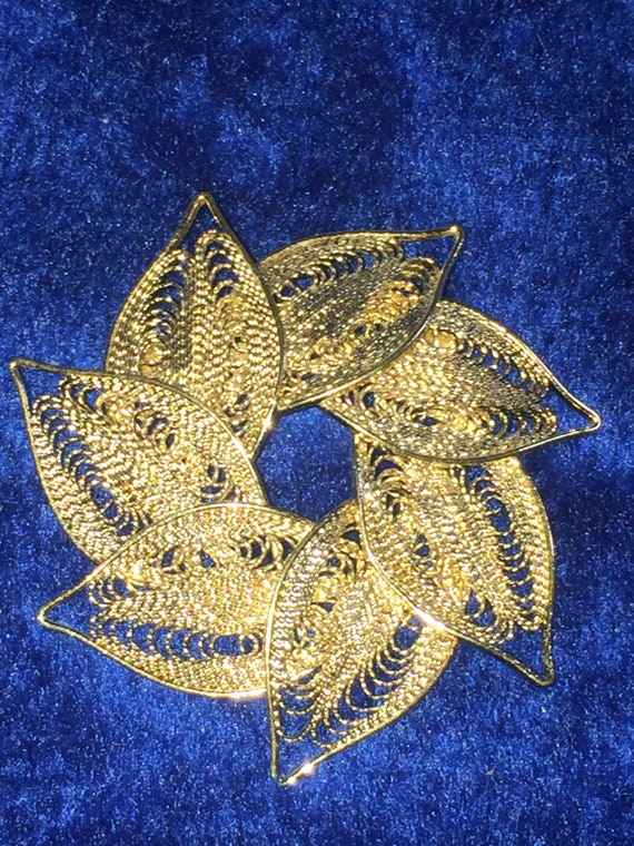 Antique Gold Tone Filigree Flower Brooch - image 1