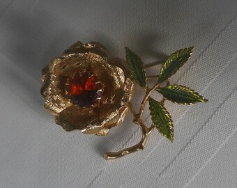 Vintage 1972 Sarah Coventry Ember Flower Brooch Amber Rhinestone Green Enamel