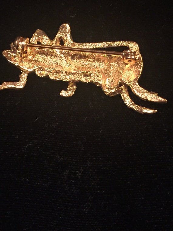 Vintage Gold Tone, Enamel Grasshopper Brooch w/To… - image 3