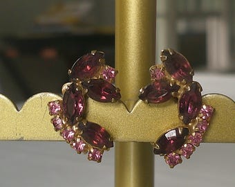 Vintage MCM Pink Purple Rhinestone Cluster Clip On Earrings Gold Tone Navette