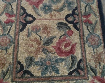 Antique Victorian Hand Hooked Rug Floral Primitive 29" x 19"