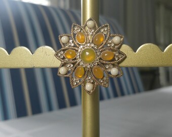Vintage Amber Yellow Cabochon Floral Brooch Pearl Accent Costume Jewelry