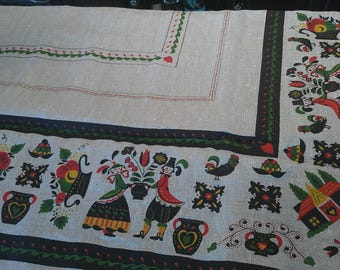 Vintage Pennsylvania Dutch Linen Tablecloth Folk Art 60x104 USA - MIP