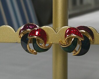 Vintage Gold Tone Sparkle Enamel Swirl Pierced Earrings Red Blue Green