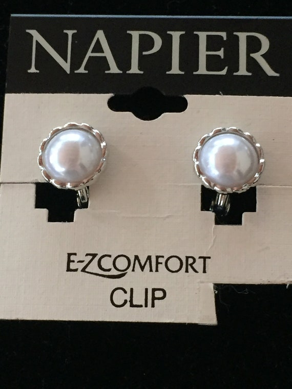 Vintage Napier HMN Faux Pearl Clip Earrings Silver