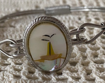 Beautiful Vintage Hand Painted Mother of Pearl Sailboat Bracelet