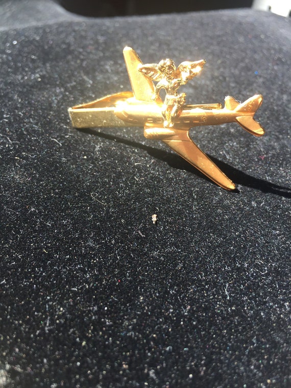 Vintage Gold Tone Airplane With Angel Tie Clip