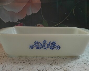 Vintage Fire-King Blue Cornflower Milk Glass Loaf Pan 441 1 Qt USA