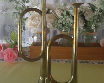 Pair Vintage Mid Century Brass Trumpets Decorative Horns