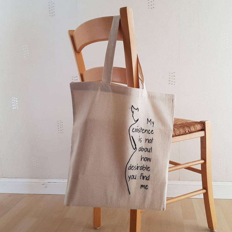 Hand embroidered feminist tote bag shopping bag made from recycled cotton
