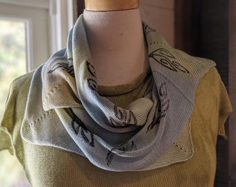 Hand Dyed Tencel Scarf with Block Printed Botanical Motifs, Lightweight Knit Wrap in Sage Green Blue Yellow