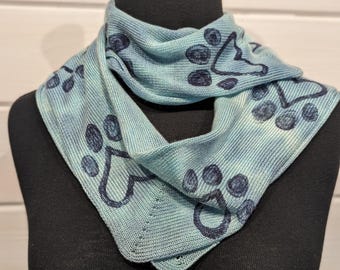 Hand Dyed Tencel Scarf with Block Printed Paw Print Motifs, Lightweight Knit Wrap in Aqua Blue