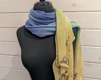 Hand Dyed Tencel Wrap Scarf with Block Printed Botanical Motifs, Lightweight Shawl in Blue Green Yellow Ombre