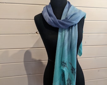Hand Dyed Tencel Wrap Scarf with Block Printed Botanical Motifs, Lightweight Shawl in Blue Aqua Ombre