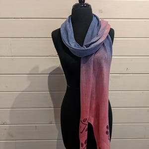 Hand Dyed Tencel Wrap Scarf with Block Printed Paw Print Motifs, Lightweight Shawl in Blue Rose Ombre image 1