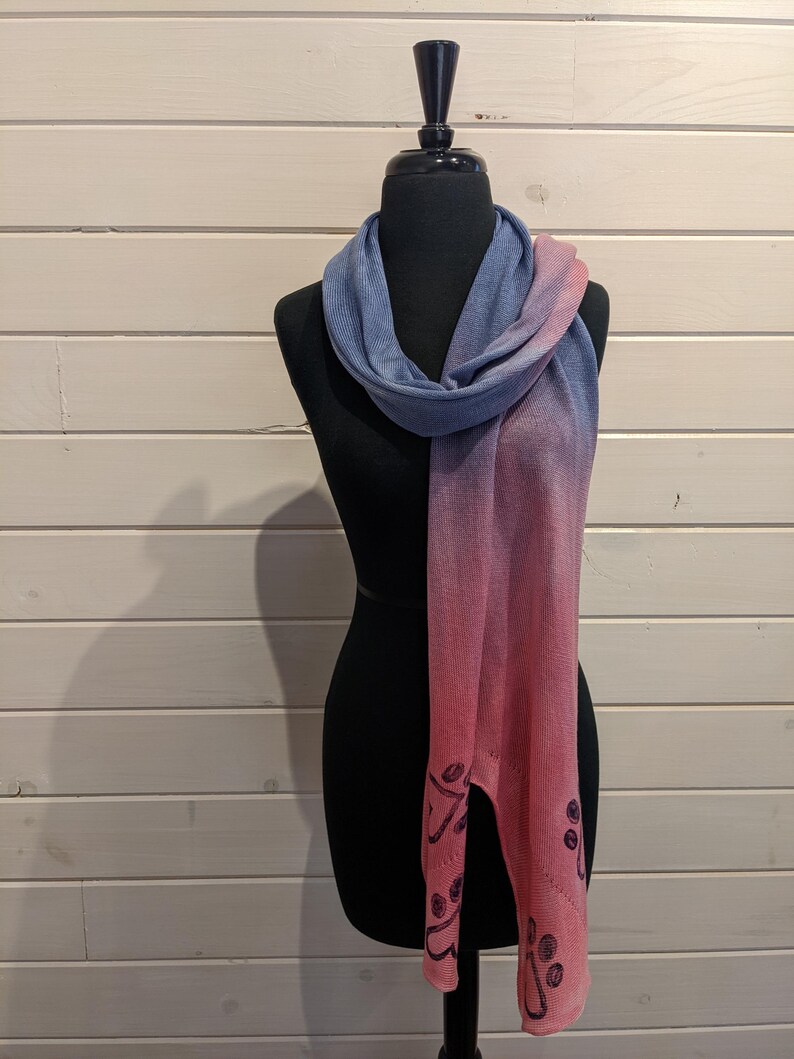 Hand Dyed Tencel Wrap Scarf with Block Printed Paw Print Motifs, Lightweight Shawl in Blue Rose Ombre image 1