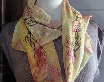 Hand Dyed Tencel Scarf with Block Printed Botanical Motifs, Lightweight Knit Wrap in Yellow Peach Pink