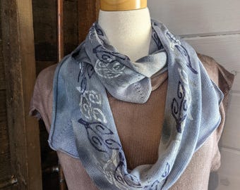 Hand Dyed Tencel Scarf with Block Printed Botanical Motifs, Lightweight Knit Wrap in Steel Blue Gray