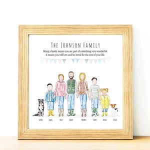 Custom cartoon family portrait with pets