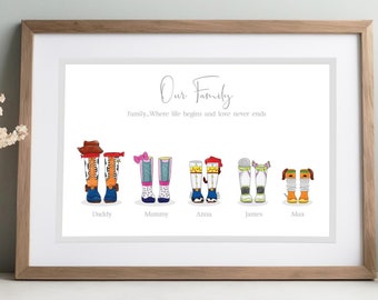 Family Welly Print, Superheroes Wall Art, Wellington Boot Picture, New Home Gift