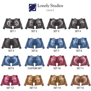 May include: A digital illustration of 15 different sets of two denim jackets with various text and designs. The jackets are in different colors, including black, blue, red, brown, and pink. The text on the jackets includes "Best Friends", "Big Sis", "Little Sis", "Soul Sisters", and "Custom Message".