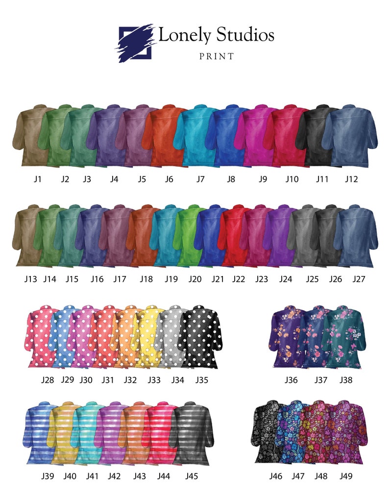 May include: A collection of 49 different watercolor illustrations of jackets, shirts, and blouses. The designs include solid colors, polka dots, stripes, and floral patterns.