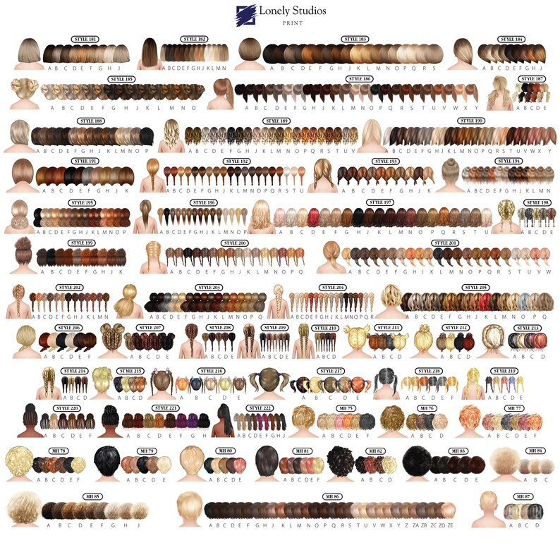 May include: A chart of 28 different hairstyles for women. Each hairstyle is illustrated with a woman's back view, showing different hair colors and styles. The chart includes letters A through Z, and numbers 1 through 28, to help identify each style.