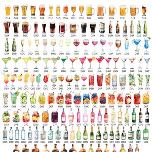 May include: A chart of 100 different drink icons, including beer, wine, cocktails, and spirits. The icons are arranged in a grid pattern and are labeled with letters and numbers.