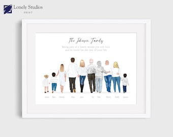May include: A watercolor illustration of a family of eight walking together. The family is wearing casual clothing and is walking in a line. The text "The Johnson Family" is at the top of the image, and the text "Being part of a family means you will love and be loved for the rest of your life" is below the family. The names of each family member are listed below the illustration.