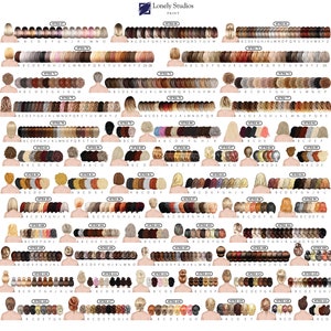 May include: A chart of 120 different back and hair styles for a customizable avatar. The chart is labeled with numbers and letters to help you choose the style you want. The styles include different hair colors, lengths, and styles, as well as different back shapes and sizes.