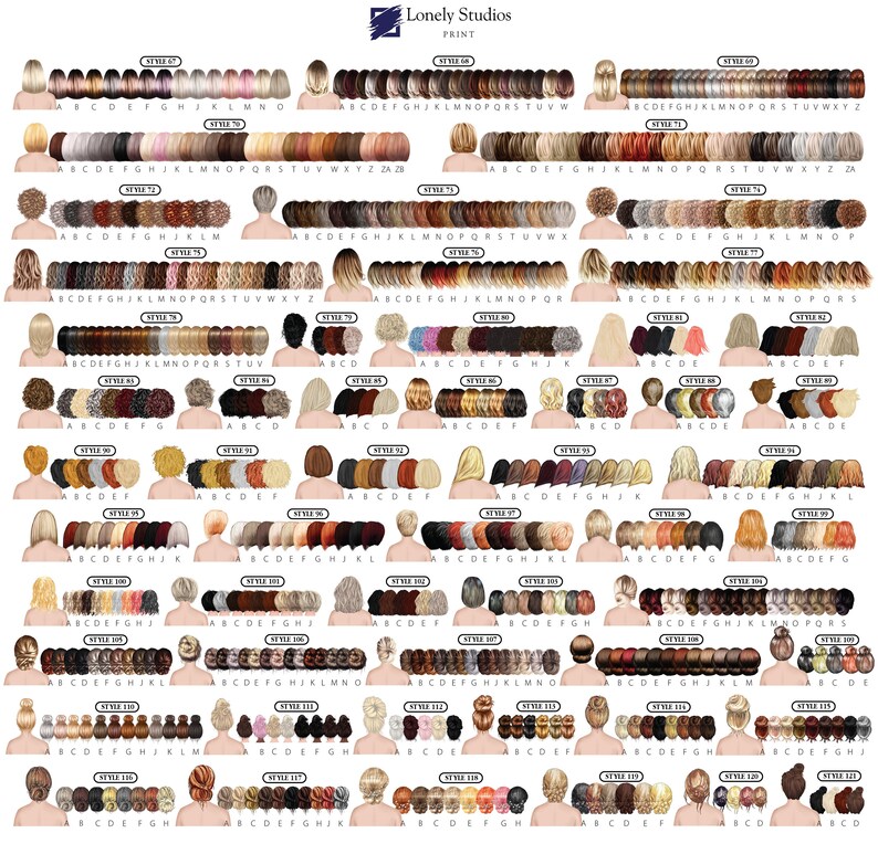 May include: A chart of 120 different back and hair styles for a customizable avatar. The chart is labeled with numbers and letters to help you choose the style you want. The styles include different hair colors, lengths, and styles, as well as different back shapes and sizes.
