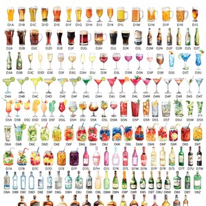 May include: A chart of 100 different drink icons, including beer, wine, cocktails, and spirits. The icons are arranged in a grid pattern and are labeled with letters and numbers.
