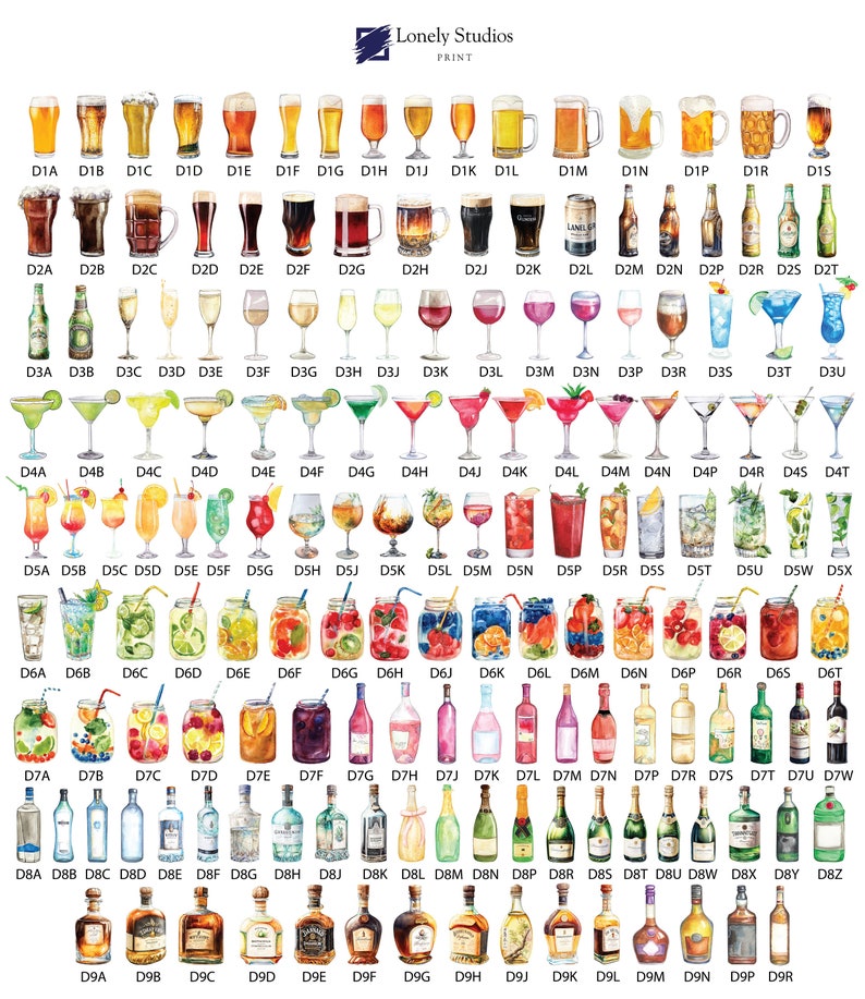 May include: A chart of 100 different drink icons, including beer, wine, cocktails, and spirits. The icons are arranged in a grid pattern and are labeled with letters and numbers.