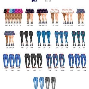 May include: A digital illustration of various clothing options for a group of friends. The illustration shows different styles of skirts, pants, and leggings in various colors and patterns. The illustration is labeled with numbers and letters.