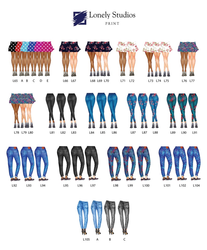 May include: A digital illustration of various clothing options for a group of friends. The illustration shows different styles of skirts, pants, and leggings in various colors and patterns. The illustration is labeled with numbers and letters.