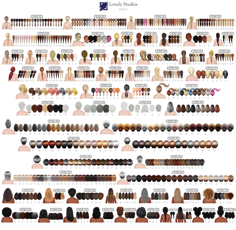May include: A chart of 20 different styles of women's back illustrations. Each style has a different hairstyle, hair color, and skin tone. The chart is labeled with the style number and the letters A through Z.