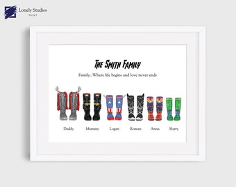 Personalised Family welly Print, Superhero Boots prints, wellington boot picture, new home decor, housewarming wall art, gift for dad mum