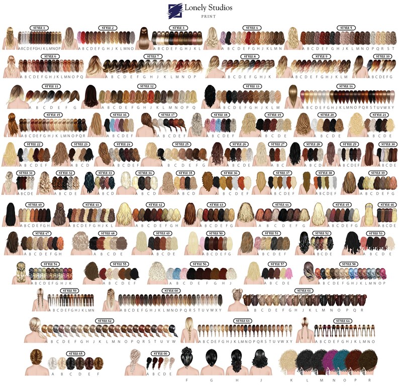 May include: A chart of 56 different back view illustrations of women with various hairstyles. Each illustration is labeled with a number and the word "Style". The letters A through Z are listed below each illustration, with some letters missing from each row.