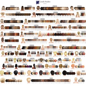 May include: A chart of 28 different hairstyles for women. Each hairstyle is illustrated with a woman's back and a variety of hair colors. The chart includes letters A through Z and numbers 1 through 28.