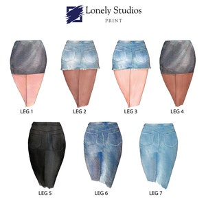 May include: Seven different watercolor illustrations of women's skirts. The skirts are in various shades of blue and black denim. The skirts are arranged in a grid pattern.