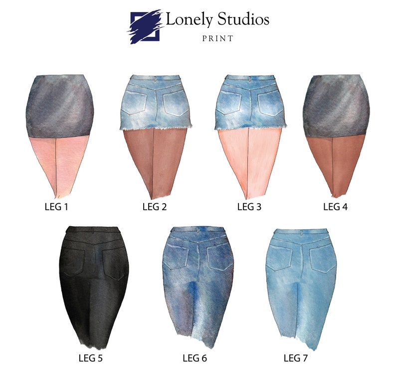 May include: Seven different watercolor illustrations of women's skirts. The skirts are in various shades of blue and black denim. The skirts are arranged in a grid pattern.